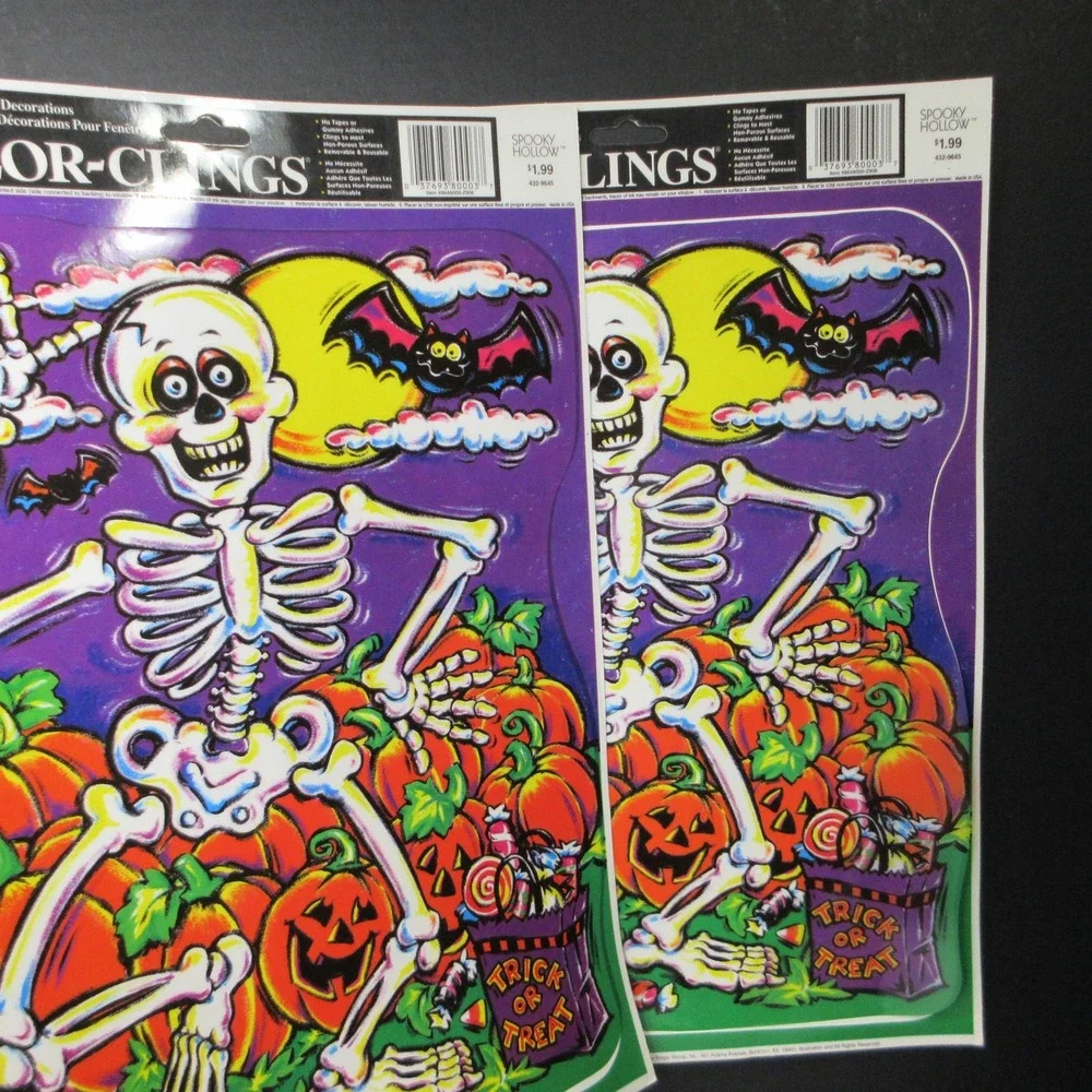 2 Vintage COLOR-CLINGS Halloween Static Window Clings Skeleton Pumpkins Bat